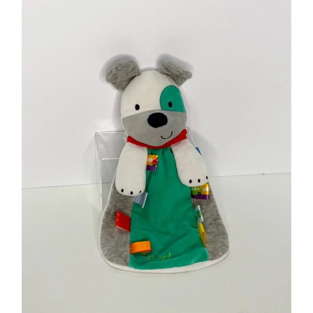 Taggies Security Blanket Lovey Rattle Puppy Dog‎ Plush Baby WOOF! Turquoise Gray